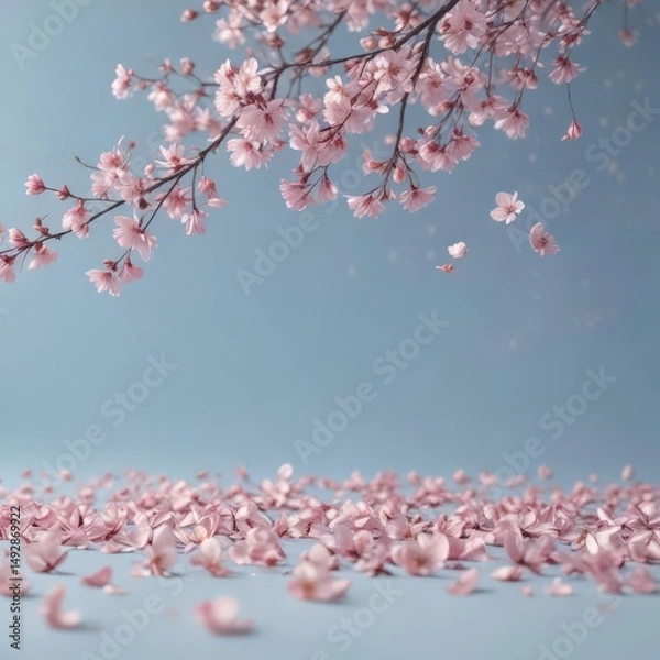 Fototapeta Delicate pink sakura petals drift on a pastel blue backdrop ,  soft pink,  tranquil