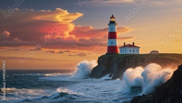 Fototapeta A majestic lighthouse stands tall against a dramatic sunset, as powerful waves crash against the rocky cliffs. A breathtaking scene of nature's power and beauty.