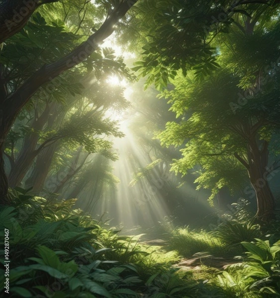 Fototapeta Sunlight streams through dense canopy, illuminating vibrant green leaves ,  plant,  botanical