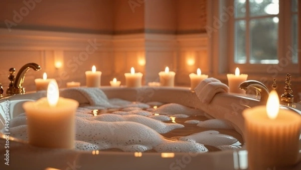 Fototapeta Warm, candlelit bubble bath. A relaxing and luxurious spa-like experience.