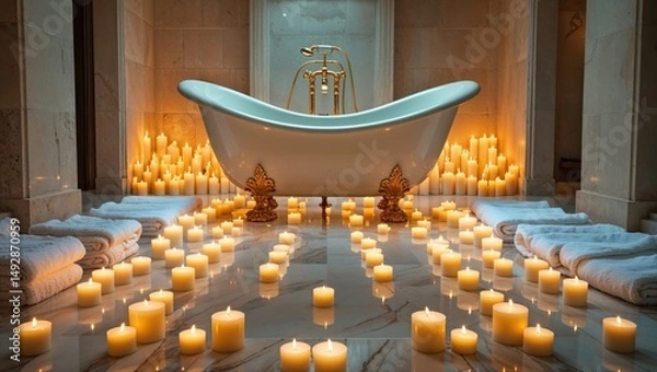 Fototapeta Luxurious bathroom setting with a clawfoot tub surrounded by lit candles and soft towels. A tranquil and romantic atmosphere.