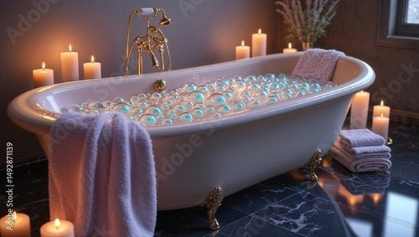 Fototapeta Relaxing bath with bath bombs and candles. A tranquil and luxurious spa-like experience.