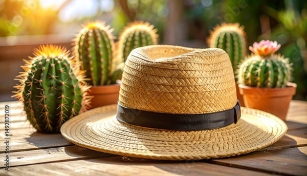 Fototapeta a straw hat with cacti and flowers on a wooden table