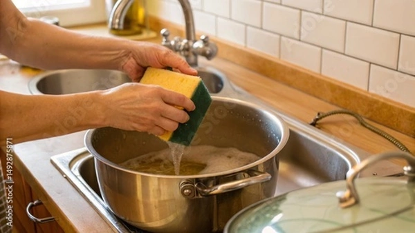 Obraz Hands washing a sponge in a pot at a kitchen sink, with a focus on cleaning.