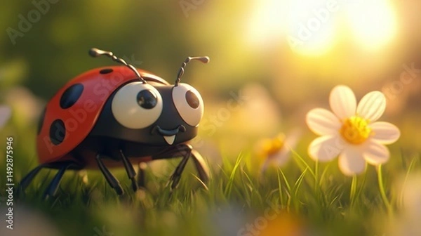Obraz Happy ladybug in a sunny meadow near a daisy.