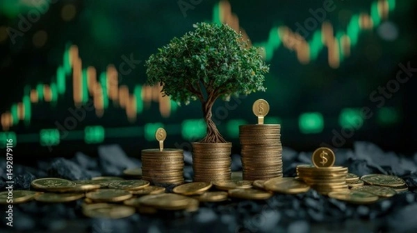 Fototapeta Nature emerging from currency, showcasing the connection between growth and finance.