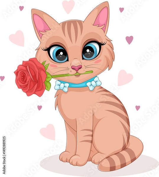 Fototapeta Valentine's Day cat cartoon with rose and pink hearts