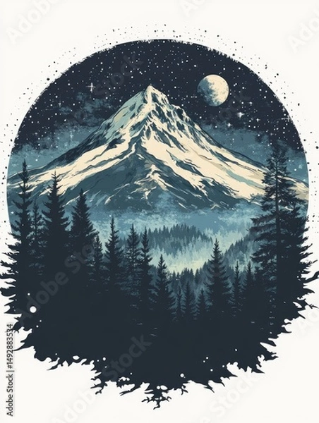 Obraz Nighttime mountain scene with starry sky and forest.