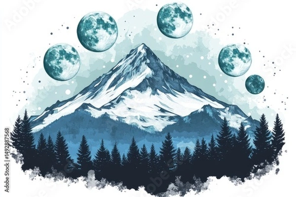 Fototapeta Celestial mountain peak scene with multiple moons.
