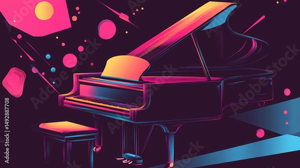 Fototapeta A shiny piano under a spotlight with abstract shap