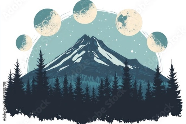 Obraz Mountain silhouette with phases of moon graphic design.