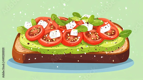 Fototapeta Avocado toast with cherry tomatoes and feta a slice