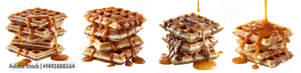 Fototapeta An appetizing stack of waffles drizzled with caramel sauce, isolated on a transparent background