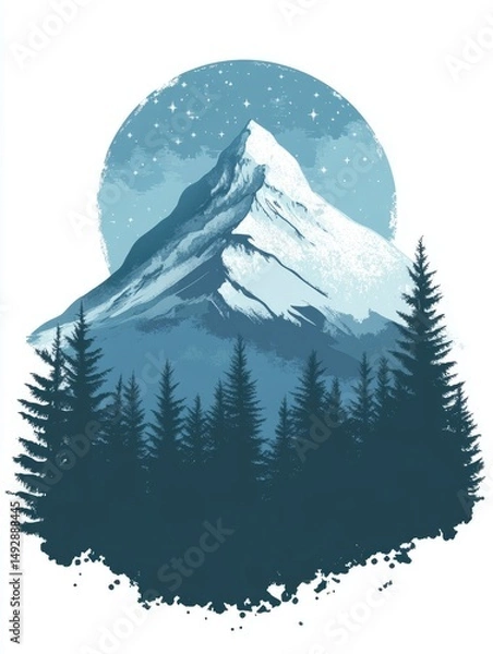 Obraz A stylized illustration of a mountain peak above a forested valley at night.