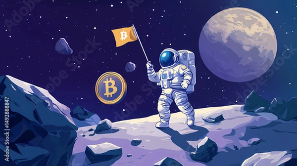 Fototapeta Crypto astronaut space explorer planting a bitcoin