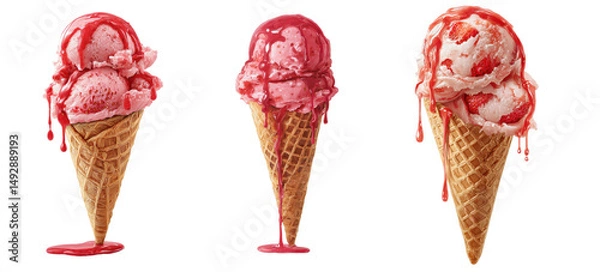 Fototapeta Strawberry ice cream in a cone with strawberry sauce dripping down, transparent background