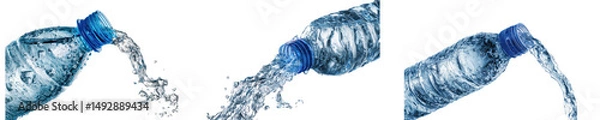 Obraz Water pouring from a blue plastic bottle is isolated on a transparent background