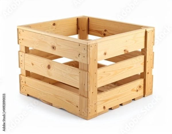Fototapeta A wooden crate with open sides isolated against a white background.
