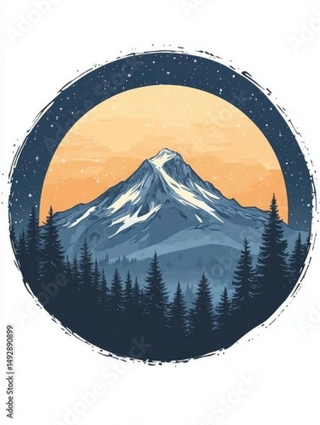Obraz Circular illustration of a snowy mountain peak, nestled in a forest at night.