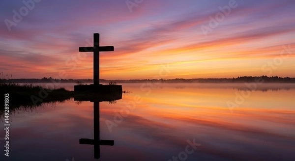 Obraz Silhouette Cross Reflection Sunset Landscape