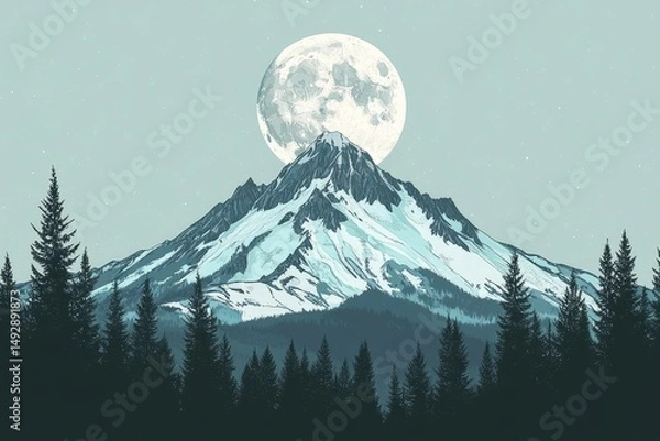 Obraz Majestic snowy mountain peak under a full moon, framed by dark evergreen trees.