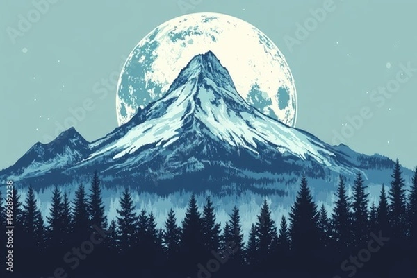 Obraz A majestic mountain peak under a brilliant moon.
