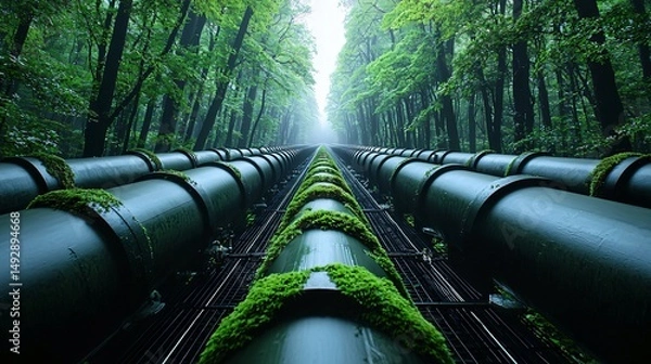 Obraz gas compressor station surrounded by fog-covered forest, cold blue-grey lighting, heavy concrete symmetry, silent atmosphere, overgrown moss on side panels, blending built and organic forms