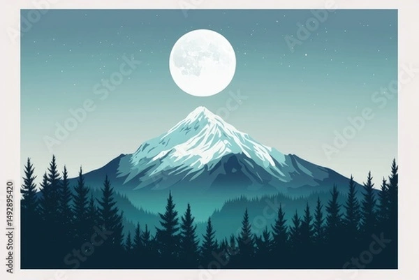 Obraz Silhouetted forest at the base of a snow-capped mountain at night.