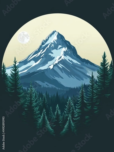 Obraz Snowy mountain peak framed by forest in a circular design.