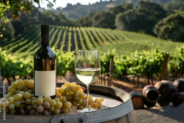 Fototapeta White wine tasting in a vineyard with a glass and a bottle standing on a barrel alongside fresh grapes