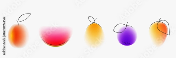 Obraz Peach, watermelon, lemon, avocado, plum. Set fruit plant in creative minimal style. Modern fashion concept design with simple shape lines and blur gradient elements. Bright vector illustration