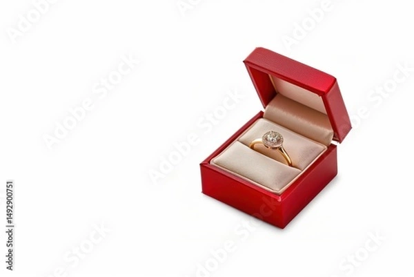 Fototapeta Golden diamond engagement ring resting in open red box, isolated on white background, perfect for wedding and engagement concepts