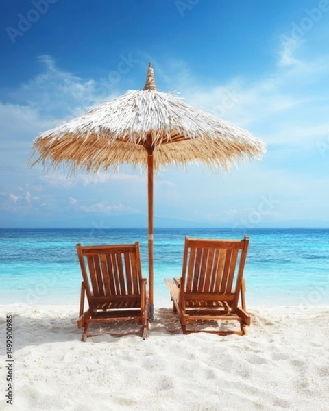Obraz Two beach chairs under a tiki umbrella on white sand beach with turquoise ocean and blue sky in tropical paradise