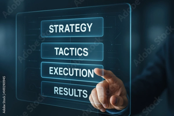Obraz A hand interacting with a smart glass panel highlights the key business elements strategy tactics execution and results to support effective decision making and growth