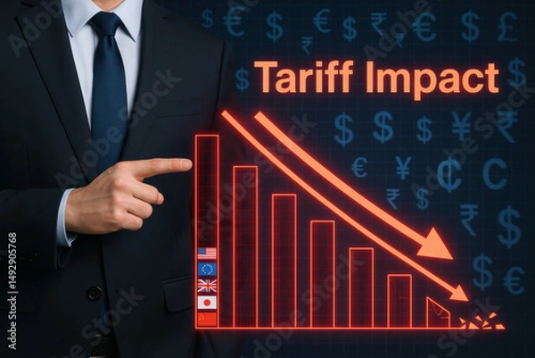 Obraz A business professional analyzes the strategic tariff impact showing a collapsing financial chart highlighting the decision challenges in global trade and economic efficiency