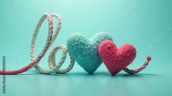 Fototapeta Romantic textured hearts entwined with a braided rope, symbolizing love and connection