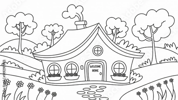 Fototapeta Sketch of a curved house in a peaceful landscape for coloring books