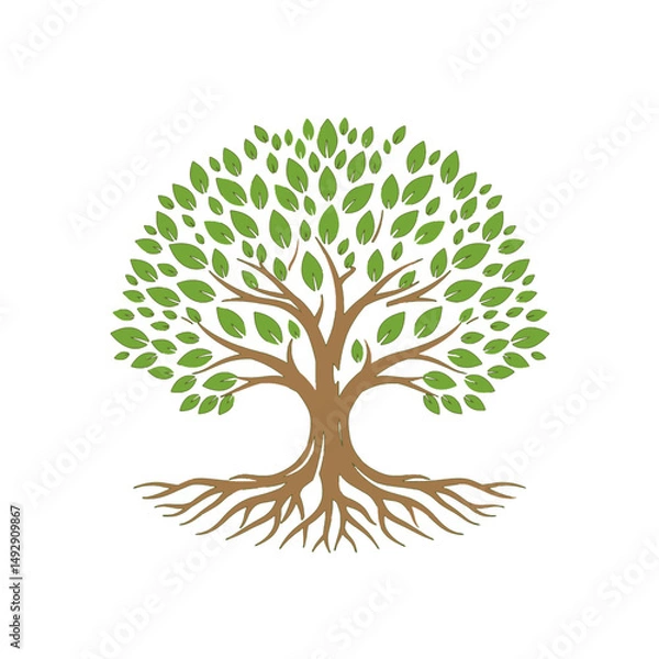 Obraz Detailed illustration of an oak tree with extensive roots and lush green foliage