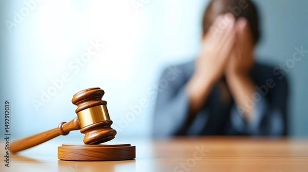 Fototapeta A wooden gavel rests on a table in the foreground, sharply in focus, while a distressed person sits in the blurred background, hands covering their face