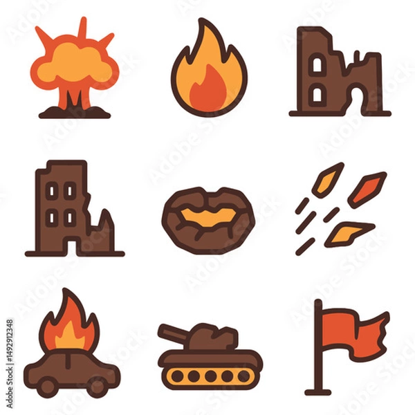 Fototapeta Flat vector illustration set of war destruction icons including explosion, fire, ruins, and tank