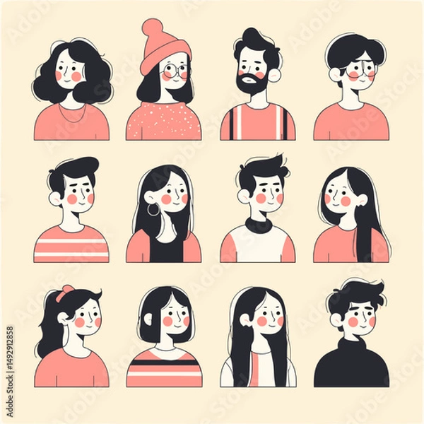 Fototapeta Character Portraits: A collection of uniquely styled, cartoon-like portraits, exuding a range of personalities, perfect for illustrating diversity and individuality in design projects.