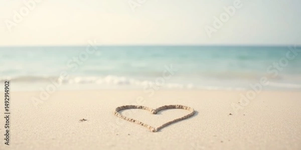 Fototapeta Heart Shape Drawn in Sand on a Tranquil Beach with Ocean Waves in the Background