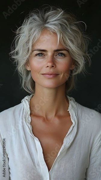 Fototapeta Woman with short gray hair, wearing a white blouse