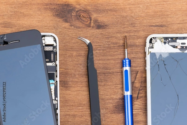 Fototapeta using special tools to repair the phone display, close-ups