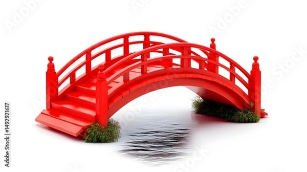 Fototapeta A vibrant red arched footbridge, with simple wooden railings and small grassy banks, sits on a reflective white surface, suggesting water below