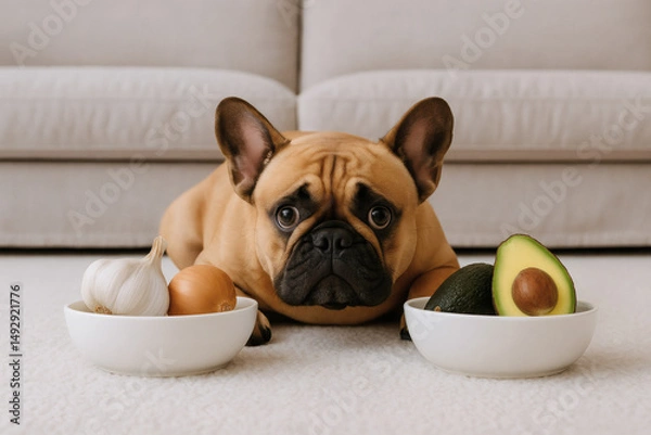 Obraz French Bulldog worried by dangerous foods like avocado and onion in a modern interior