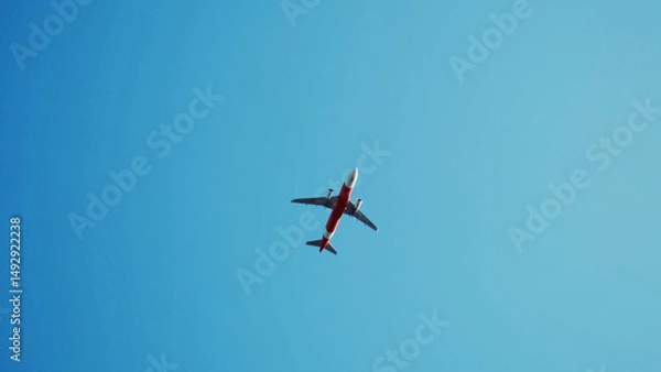 Fototapeta A Plane soaring high in Blue Sky: An aerial view of an airplane gracefully soaring through a clear, expansive blue sky, symbolizing travel, freedom, and the spirit of flight.