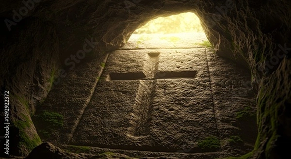 Obraz Stone Cross in Cave Entrance with Light