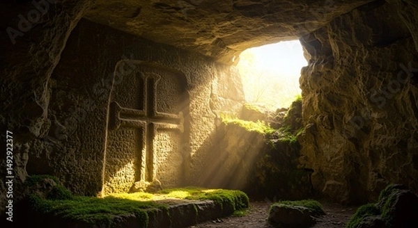 Obraz Stone Cross in Cave with Sunlight
