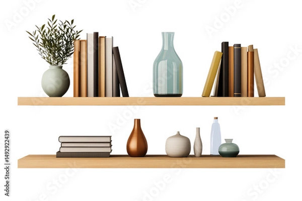 Fototapeta Two wooden shelves with books and decorative vases against a black background in a studio setting on transparent background